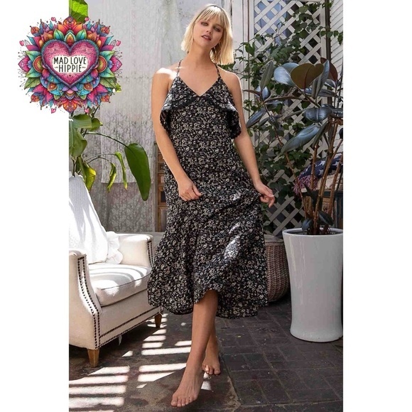 POL Black Small Floral Print V Neck Sleeveless Midi Dress - Picture 2 of 9